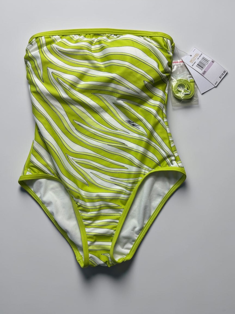 NWT MICHAEL KORS Limeade Zebra Removable Strap Bandeau One Piece Swimsuit 6